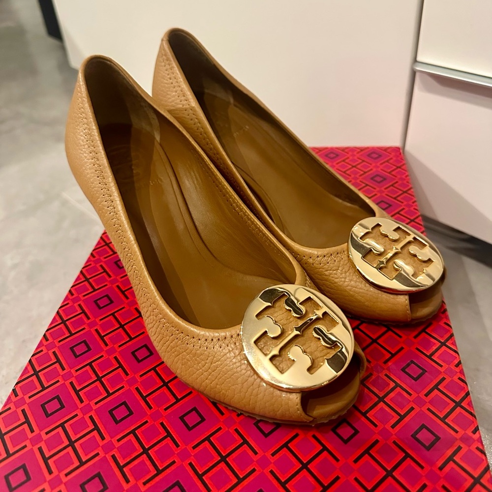 Tory Burch Sally Two Tan Peep Toe Wedge Pumps with Gold Logo